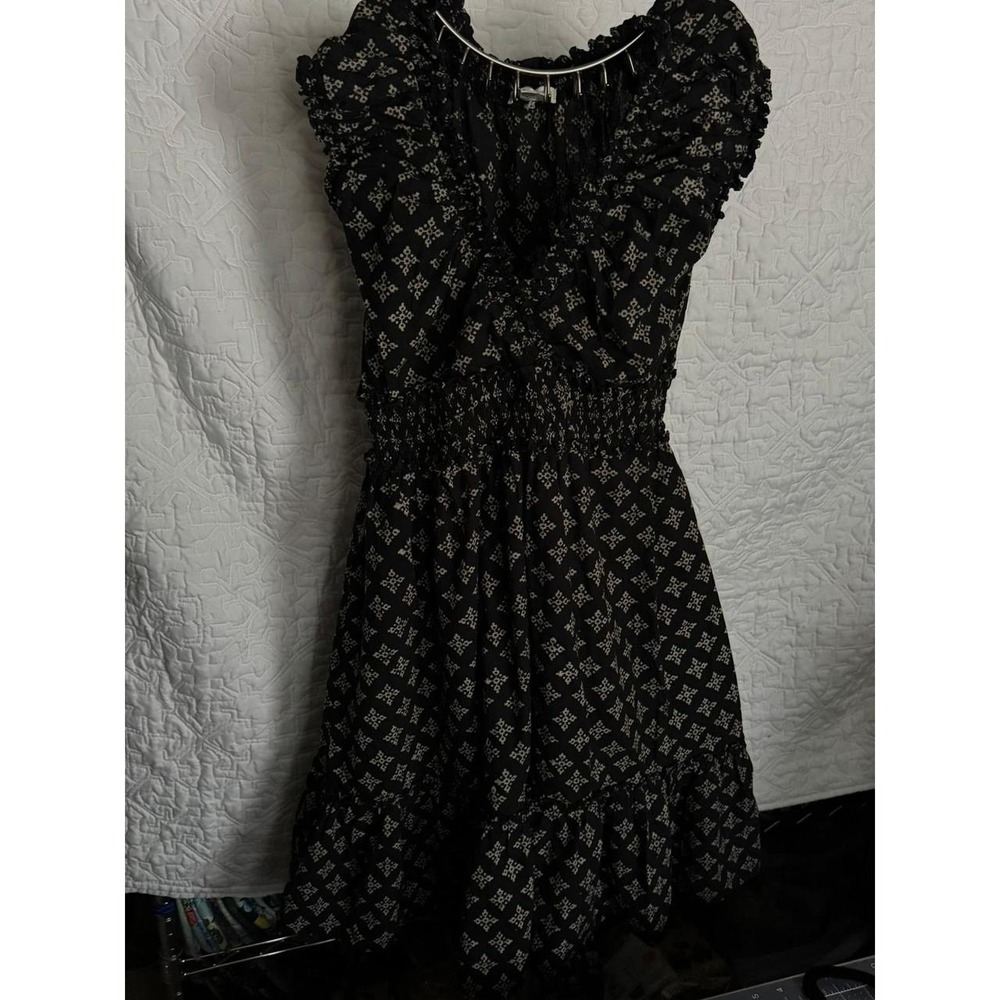 Mata Traders Black Tan Geometric Block Print Smocked Cotton Mini Dress Large